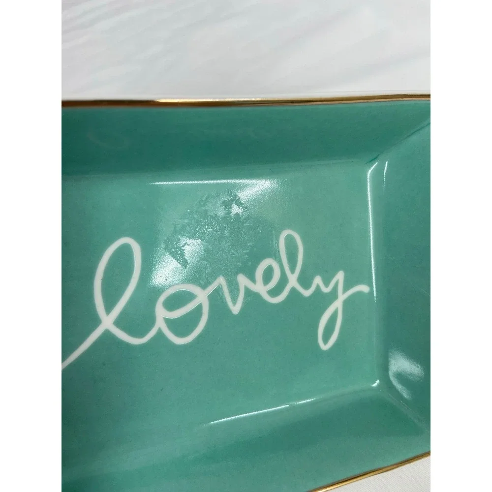 EUC‎ J. Crew turquoise cursive gold rim rectangle jewelry dish decor glassware